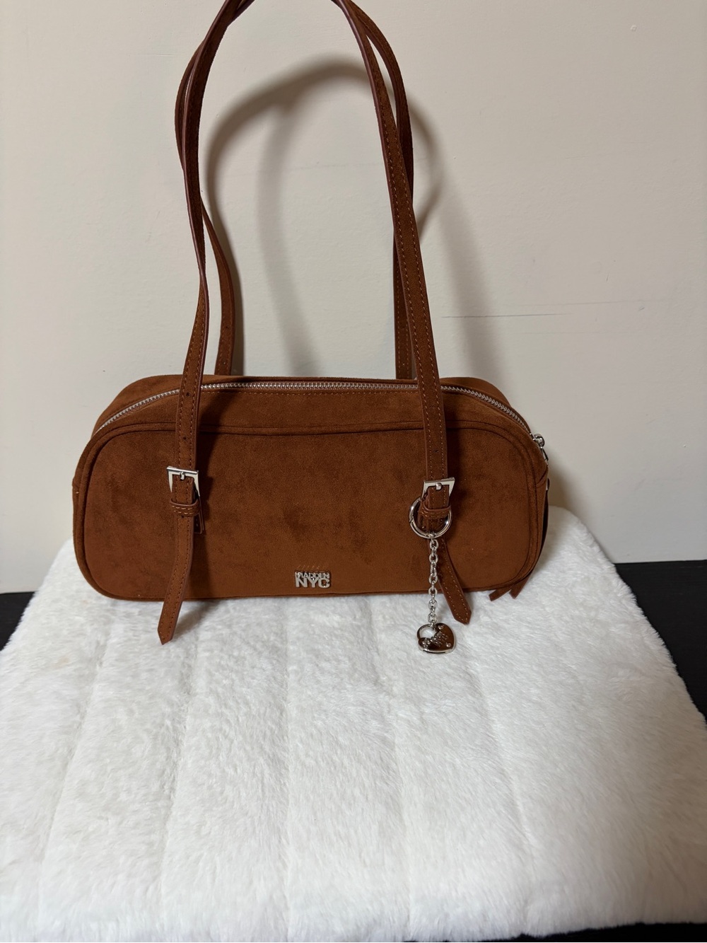 NYC Suede Shoulder Bag in Chestnut Brown with Heart Charm
